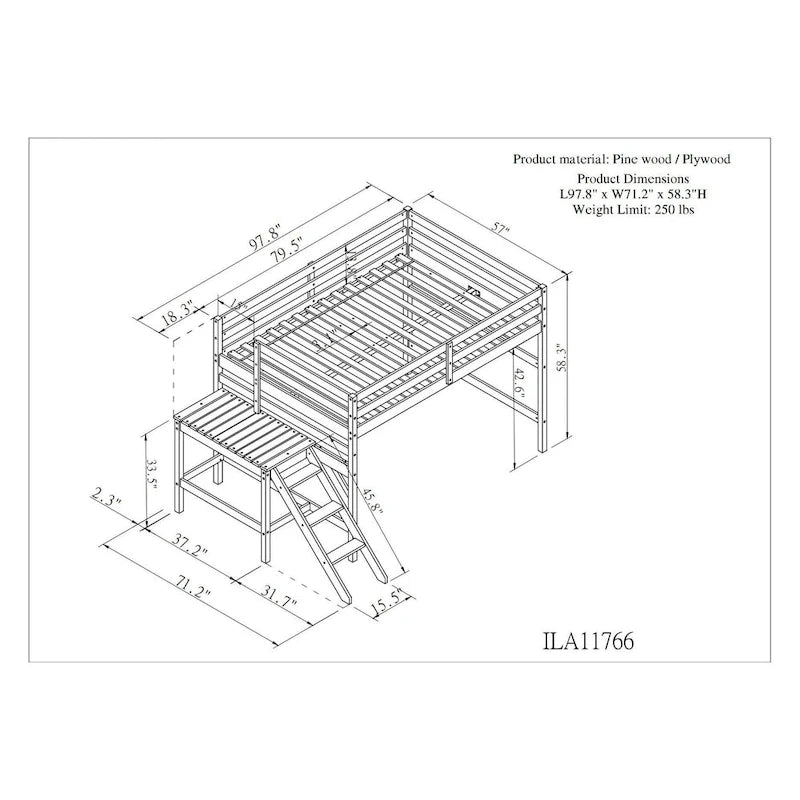 Letto soppalcato basso con piattaforma e scaletta