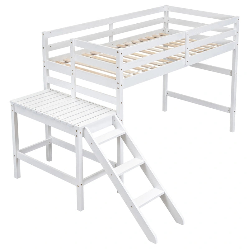 Letto soppalcato basso con piattaforma e scaletta