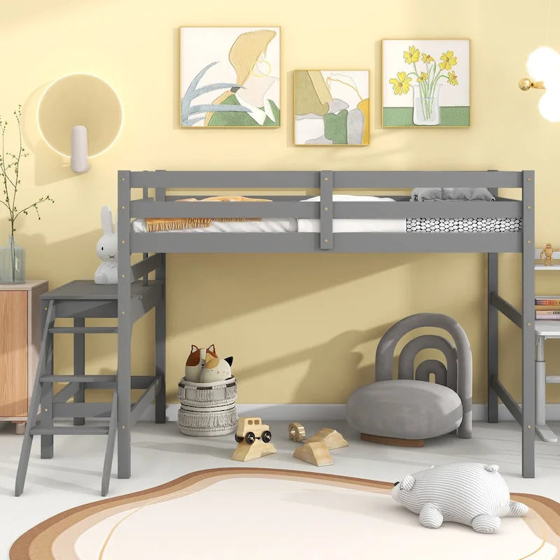 Letto soppalcato basso con piattaforma e scaletta