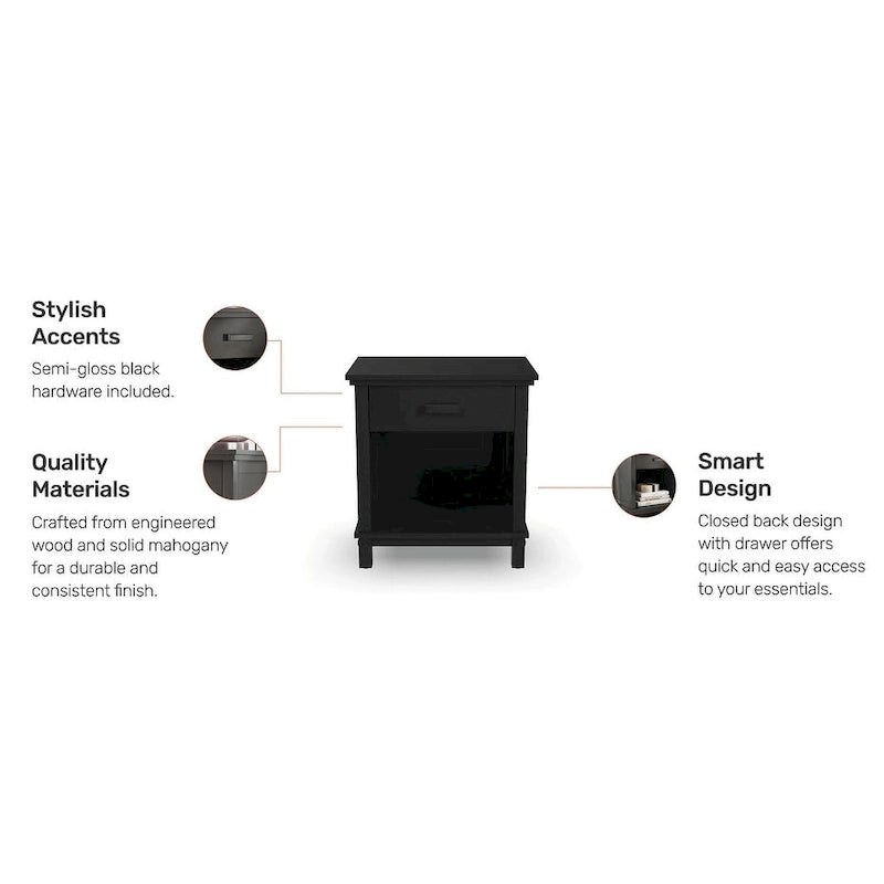 Black Wood Nightstand with Drawer and Open Shelf