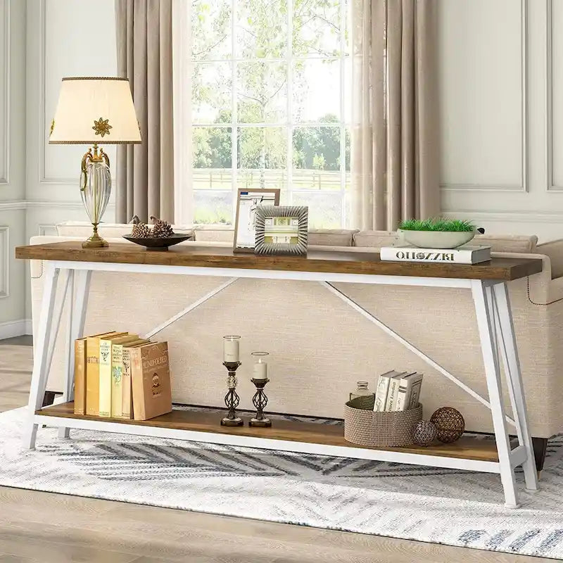 Mesa consola de dos niveles con estructura metálica