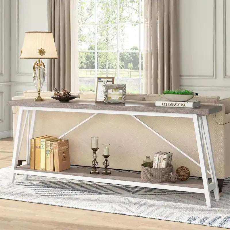 Mesa consola de dos niveles con estructura metálica