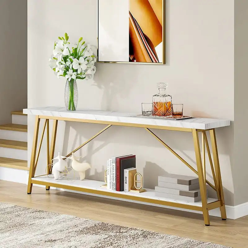Mesa consola de dos niveles con estructura metálica