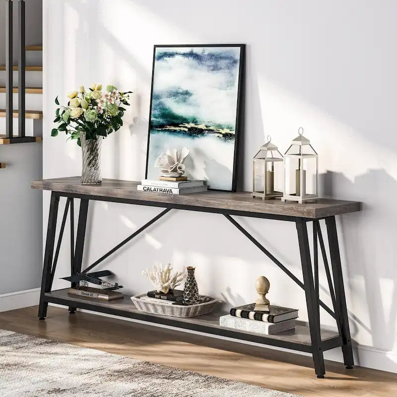 Mesa consola de dos niveles con estructura metálica