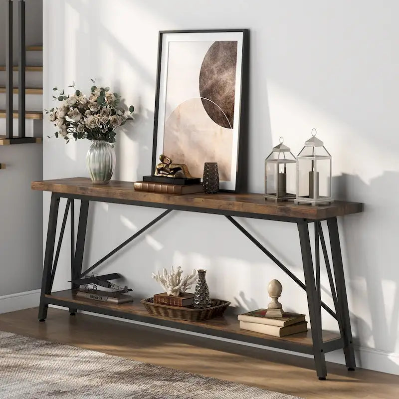 Mesa consola de dos niveles con estructura metálica