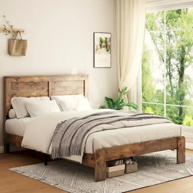 Dark Brown Platform Bed Frame with Wood Slats