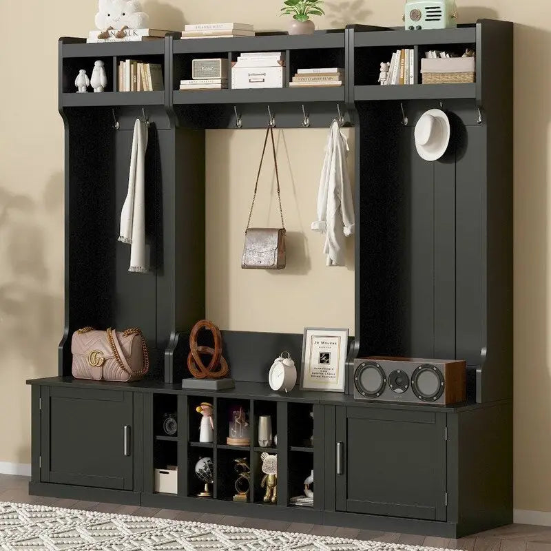 Modular Entryway Hall Tree with Bench, Coat Hooks and Shoe Storage