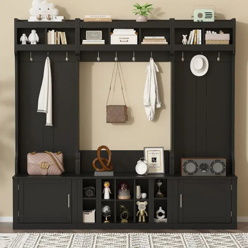 Modular Entryway Hall Tree with Bench, Coat Hooks and Shoe Storage