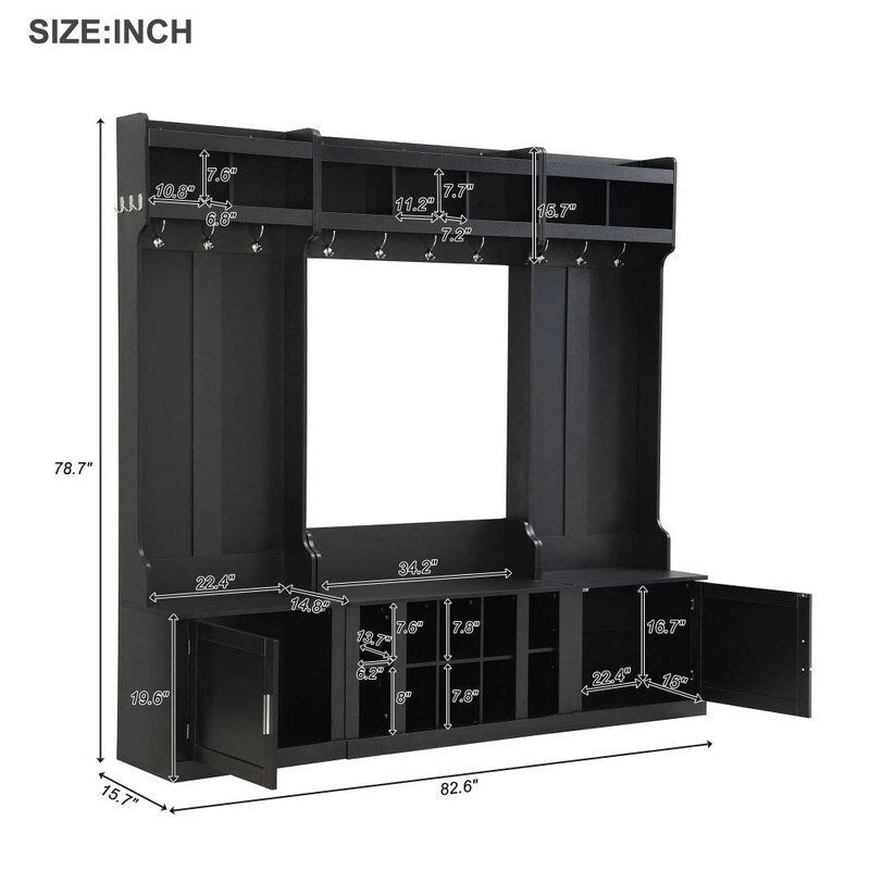 Modular Entryway Hall Tree with Bench, Coat Hooks and Shoe Storage