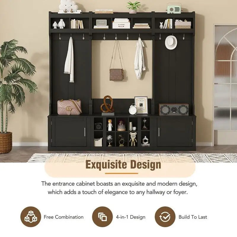 Modular Entryway Hall Tree with Bench, Coat Hooks and Shoe Storage