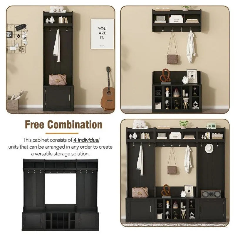 Modular Entryway Hall Tree with Bench, Coat Hooks and Shoe Storage