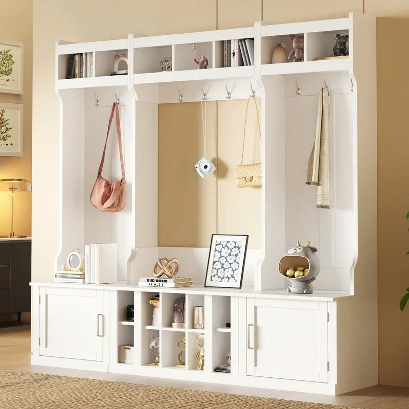 Modular Entryway Hall Tree with Bench, Coat Hooks and Shoe Storage