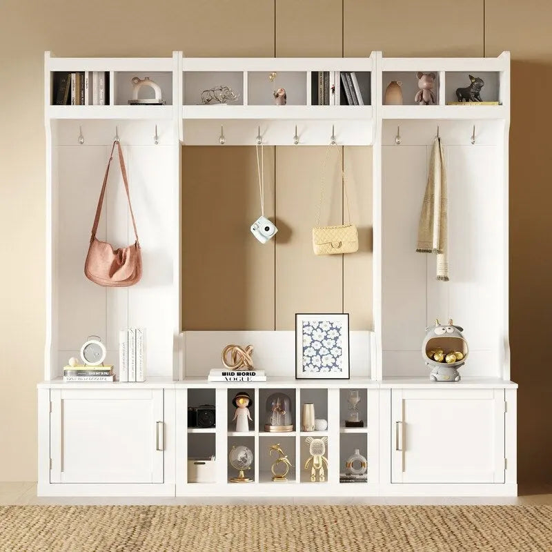 Modular Entryway Hall Tree with Bench, Coat Hooks and Shoe Storage