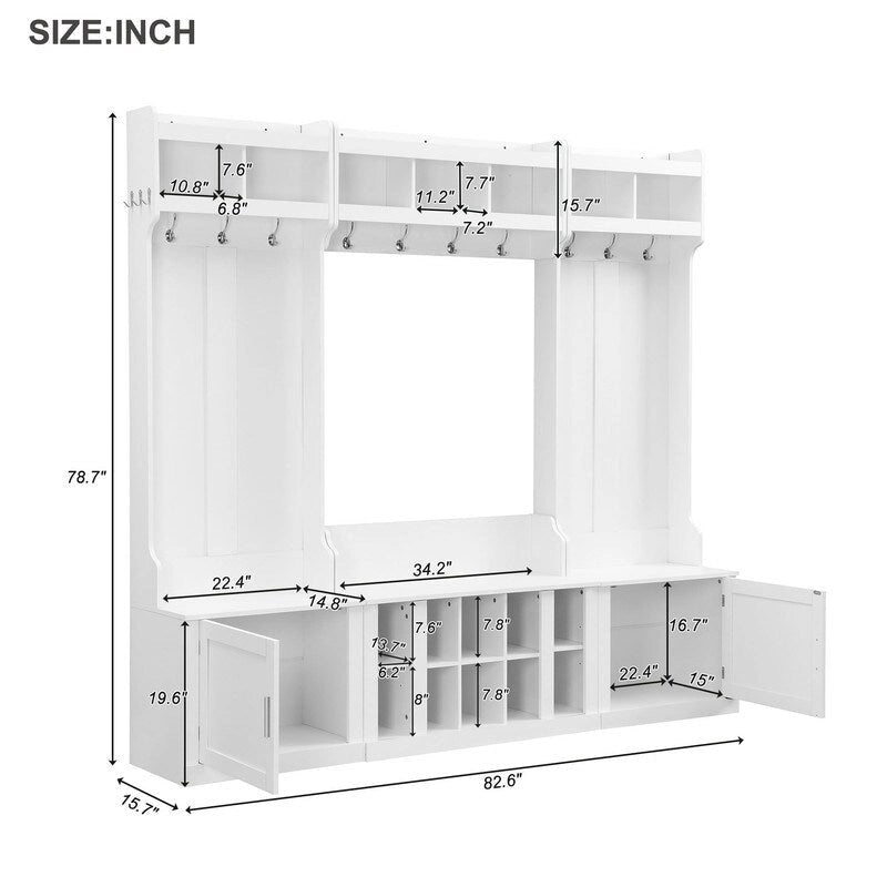 Modular Entryway Hall Tree with Bench, Coat Hooks and Shoe Storage