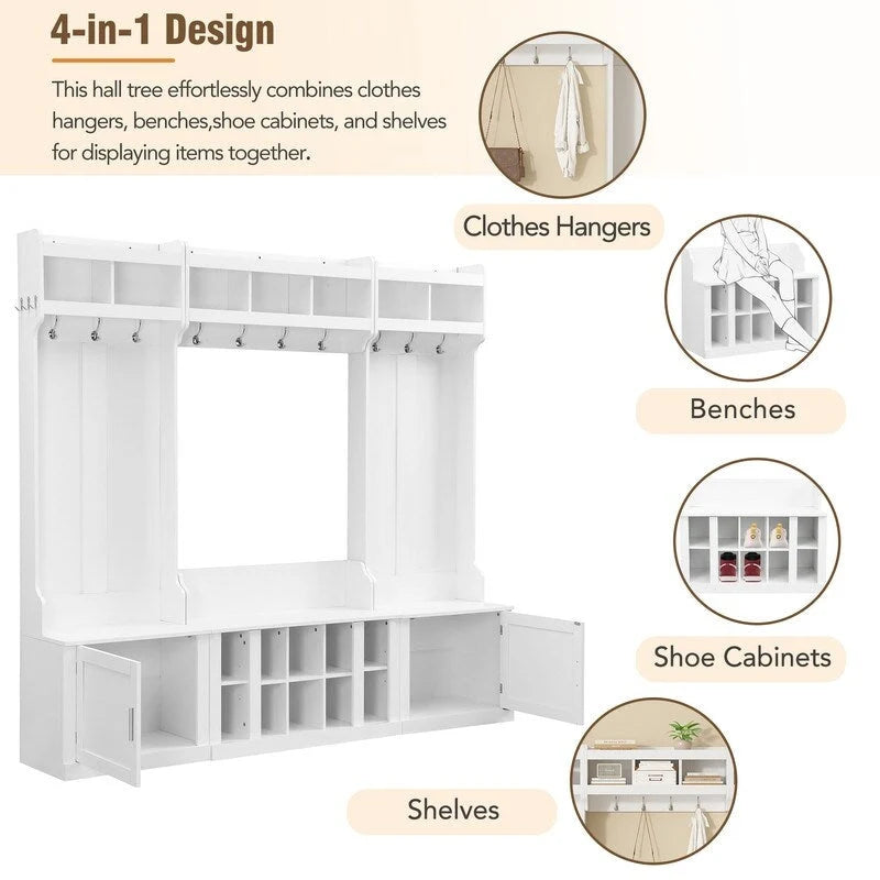 Modular Entryway Hall Tree with Bench, Coat Hooks and Shoe Storage
