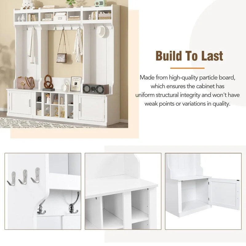 Modular Entryway Hall Tree with Bench, Coat Hooks and Shoe Storage