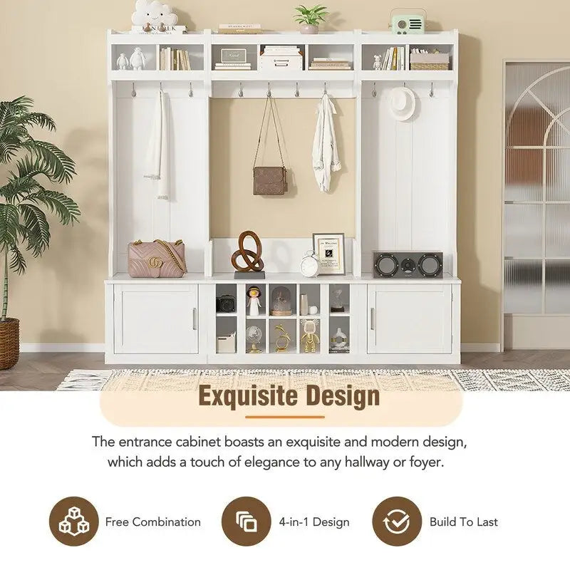 Modular Entryway Hall Tree with Bench, Coat Hooks and Shoe Storage