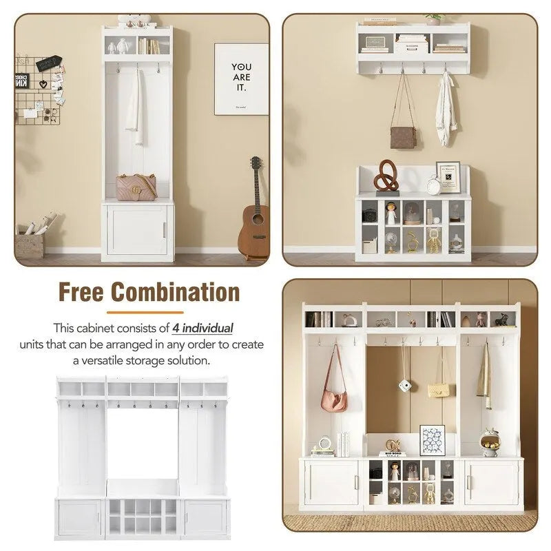 Modular Entryway Hall Tree with Bench, Coat Hooks and Shoe Storage