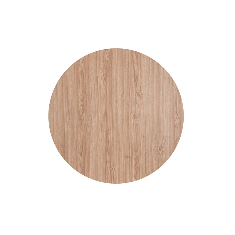 Mesa de centro redonda con superficie de MDF marrón claro y estructura de acero