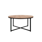 Mesa de centro redonda con superficie de MDF marrón claro y estructura de acero