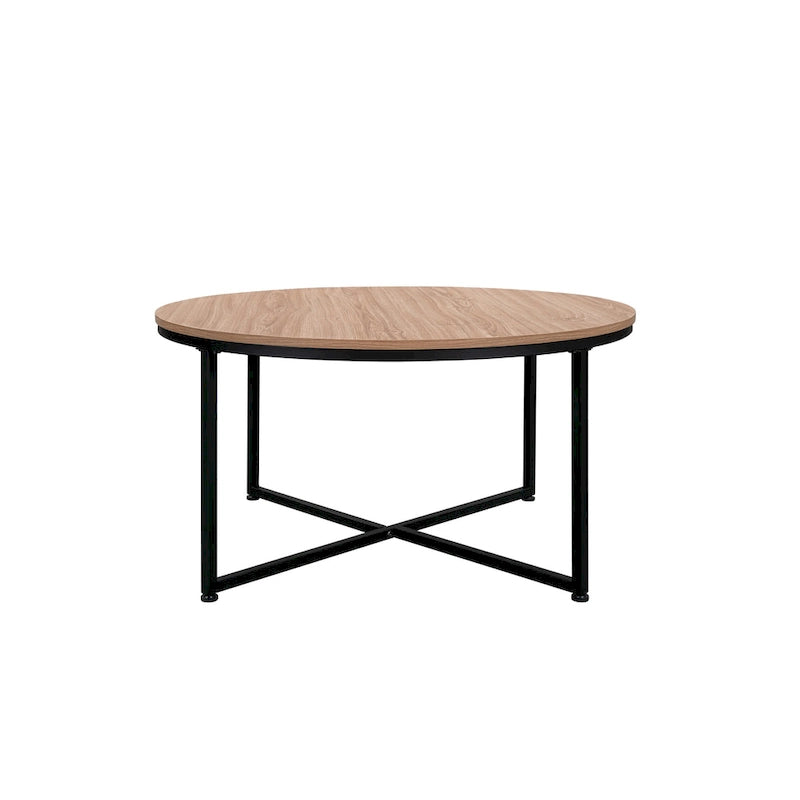 Mesa de centro redonda con superficie de MDF marrón claro y estructura de acero