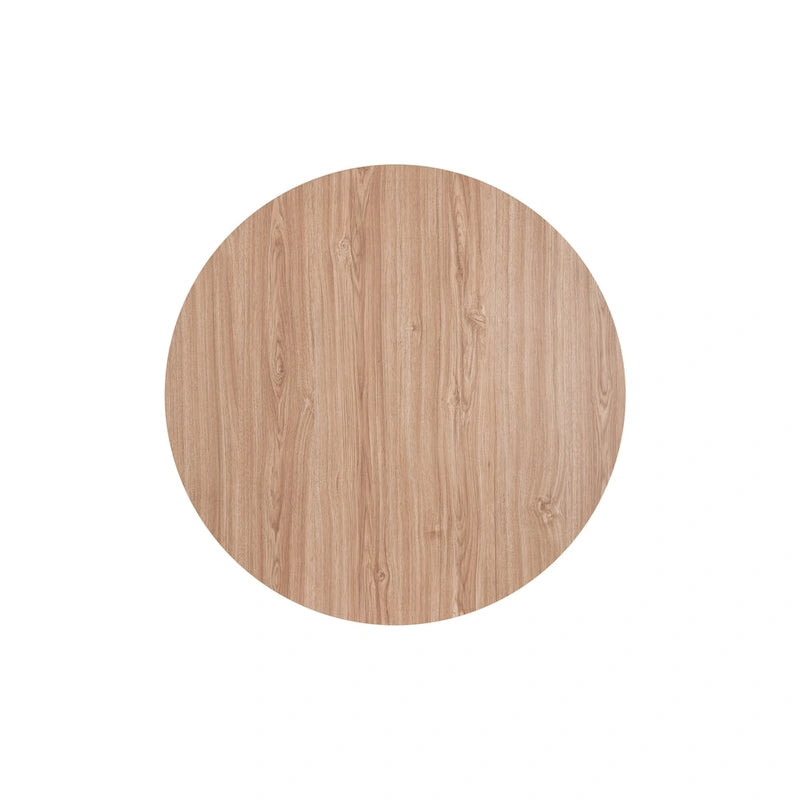Mesa de centro redonda con superficie de MDF marrón claro y estructura de acero