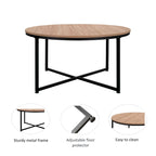 Mesa de centro redonda con superficie de MDF marrón claro y estructura de acero