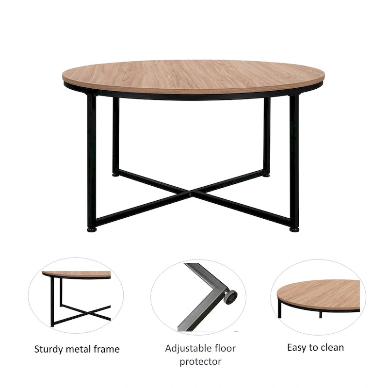 Mesa de centro redonda con superficie de MDF marrón claro y estructura de acero