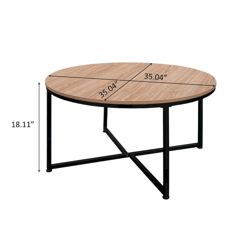 Mesa de centro redonda con superficie de MDF marrón claro y estructura de acero