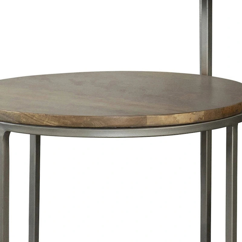 Runder Beistelltisch mit zwei Ebenen, braunen Tischplatten und grauem Metallgestell