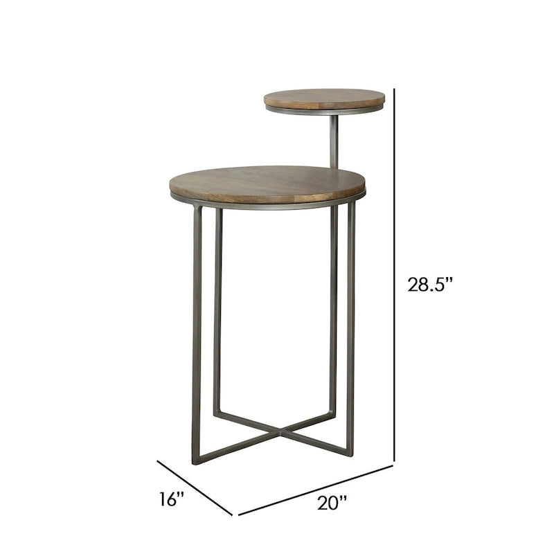 Runder Beistelltisch mit zwei Ebenen, braunen Tischplatten und grauem Metallgestell