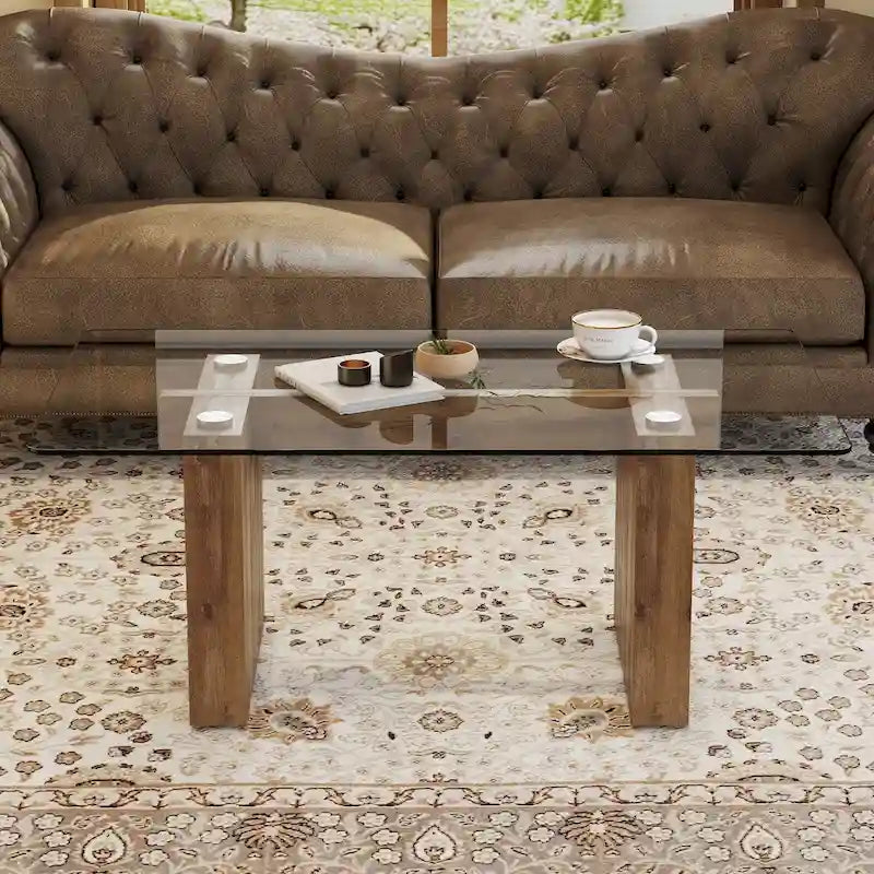 Mesa de centro con tablero de vidrio y soportes de MDF