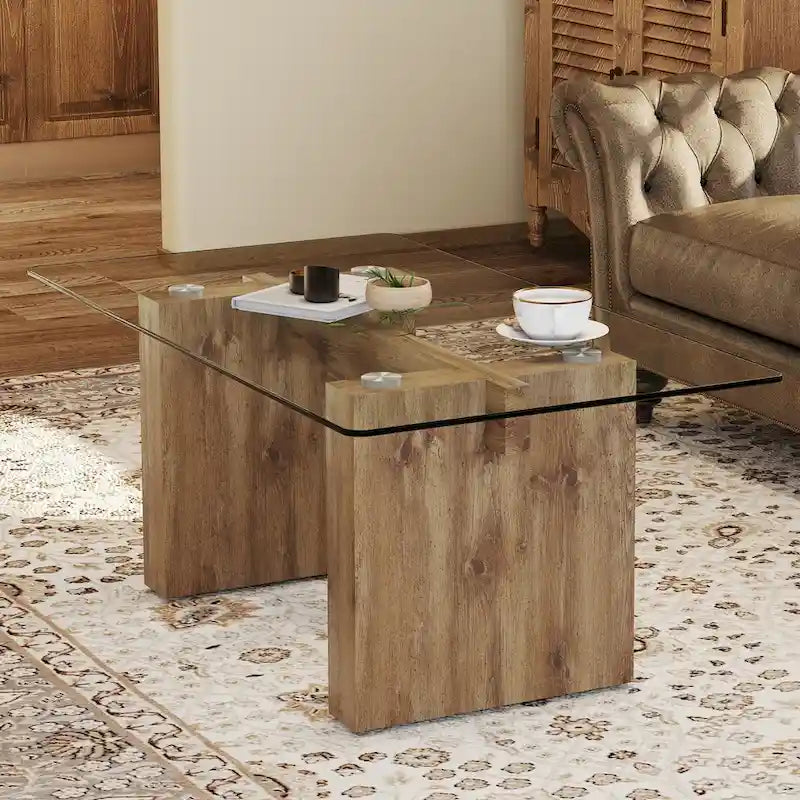 Mesa de centro con tablero de vidrio y soportes de MDF