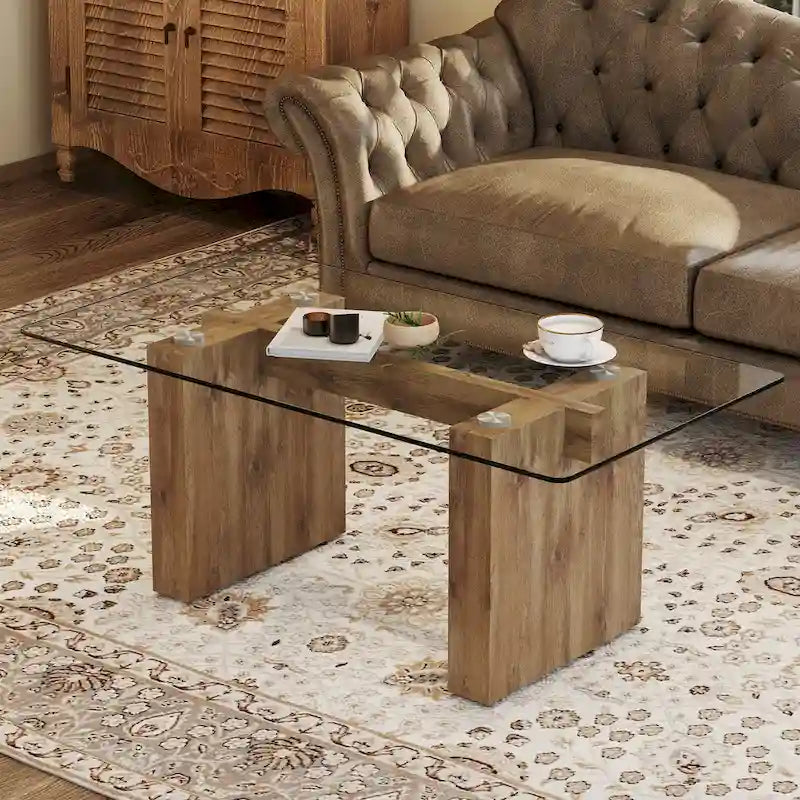 Tavolino da caffè con piano in vetro e supporti in MDF