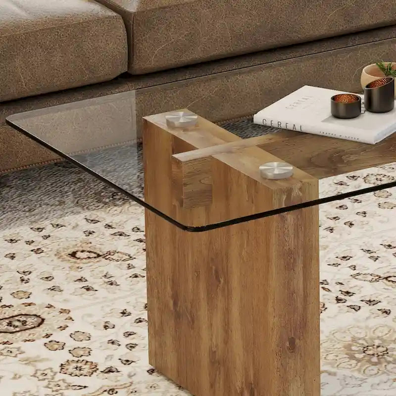 Tavolino da caffè con piano in vetro e supporti in MDF