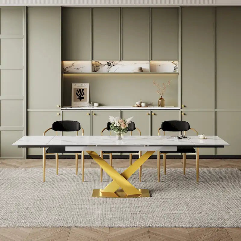 Mesa de comedor rectangular extensible de piedra sinterizada con base en forma de X