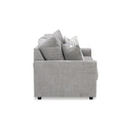 Szara tapicerowana sofa z rozchylonymi podłokietnikami