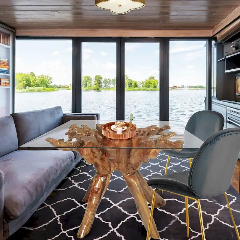 Mesa de comedor de raíz de teca con cubierta cuadrada de vidrio de 55 pulgadas