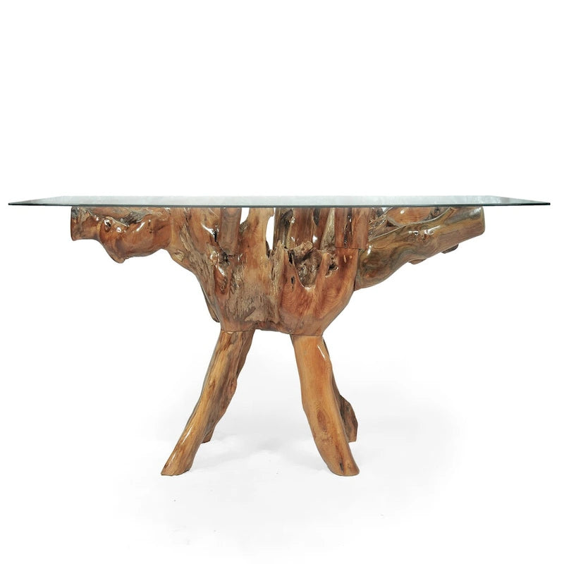 Mesa de comedor de raíz de teca con cubierta cuadrada de vidrio de 55 pulgadas