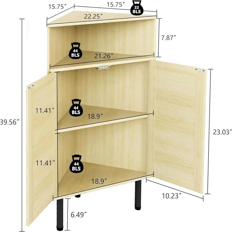Eckschrank mit Rattantüren und offenen Regalfächern