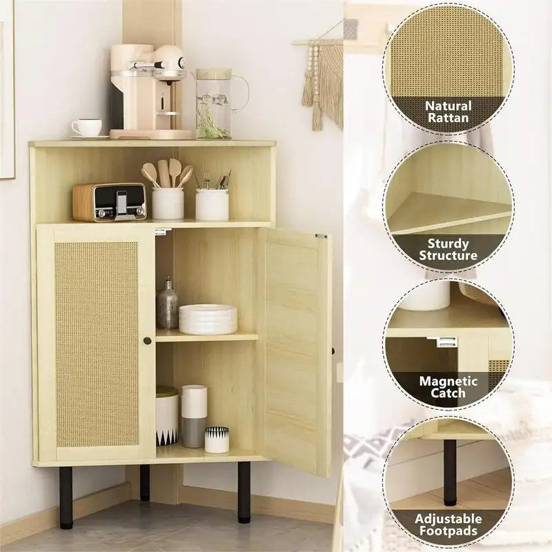 Meuble de rangement d’angle avec portes en rotin et étagères ouvertes