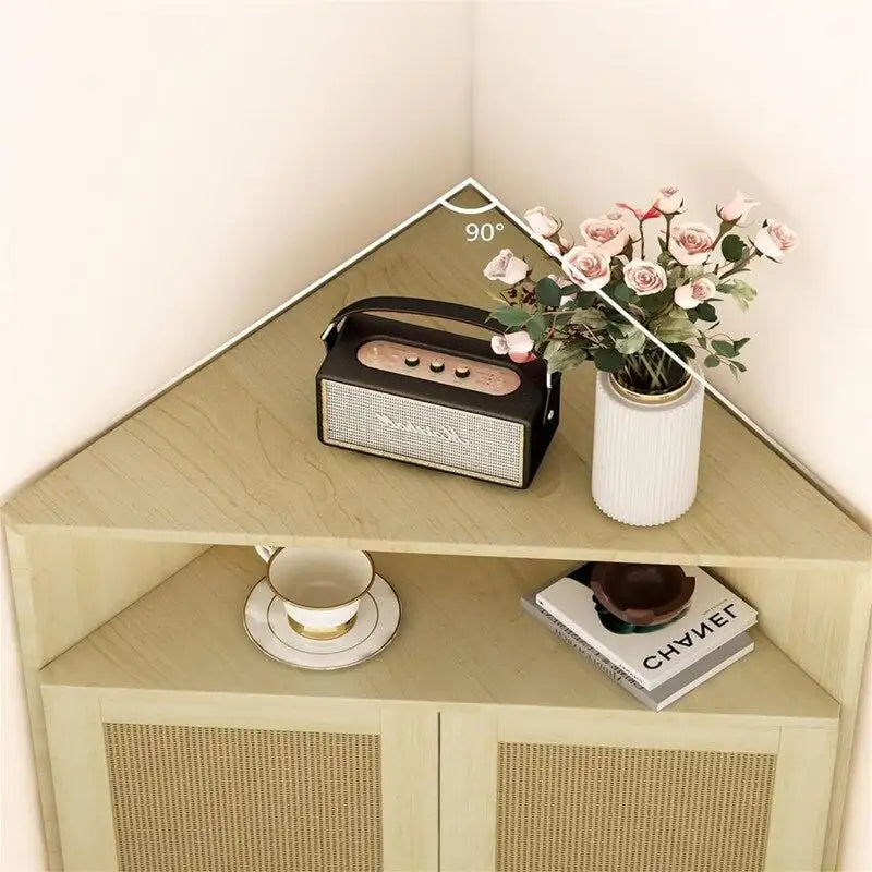 Meuble de rangement d’angle avec portes en rotin et étagères ouvertes